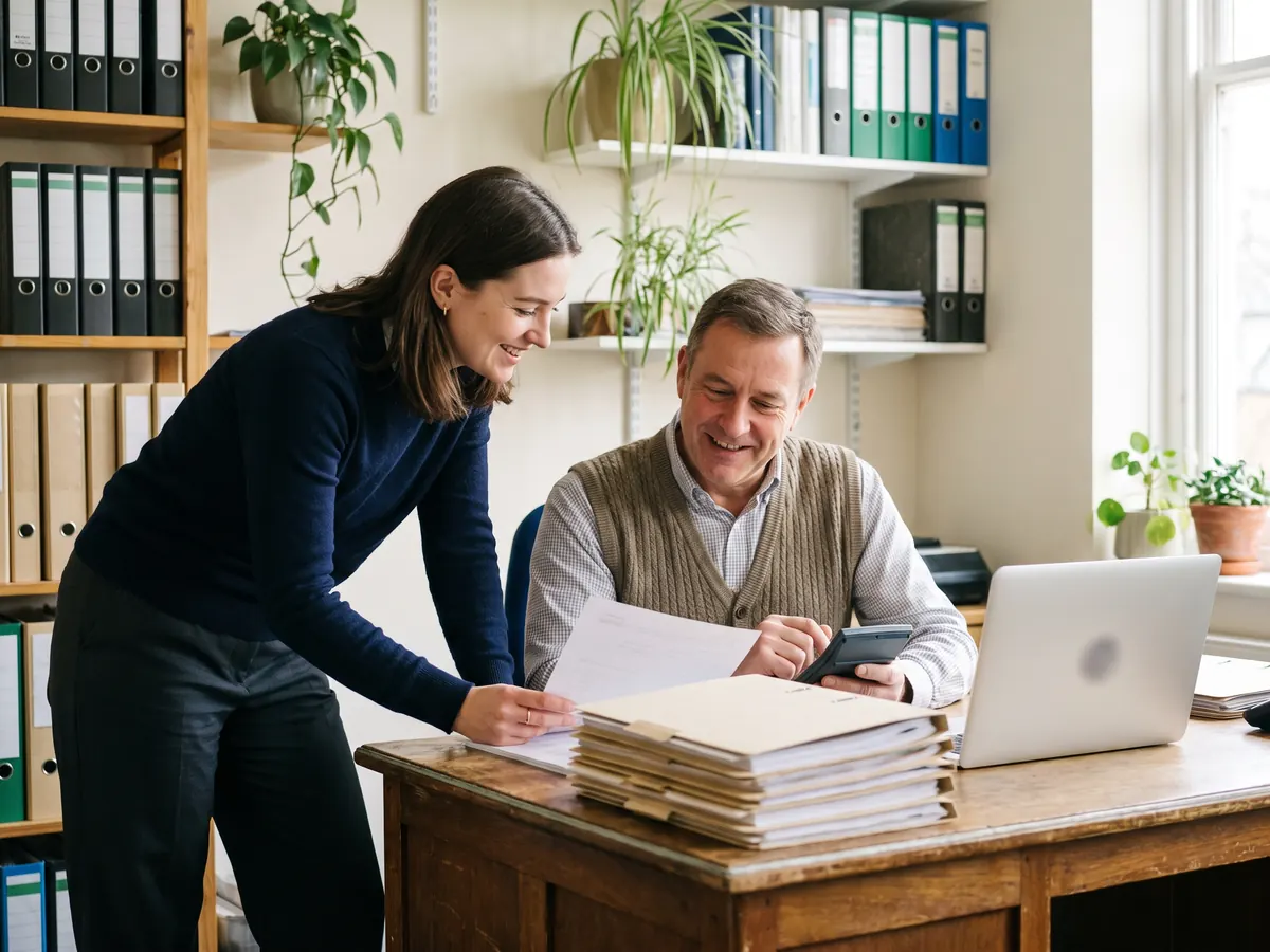 An accountant using a laptop and smiling towards the camera